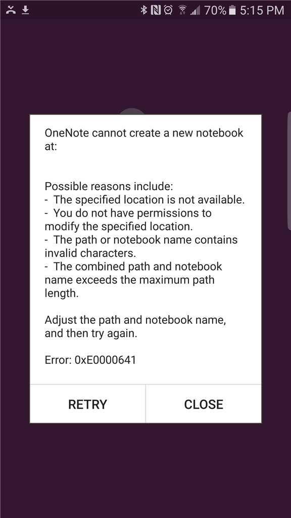 Error: 0xE0000641 for Android version of OneNote - Microsoft Q&A