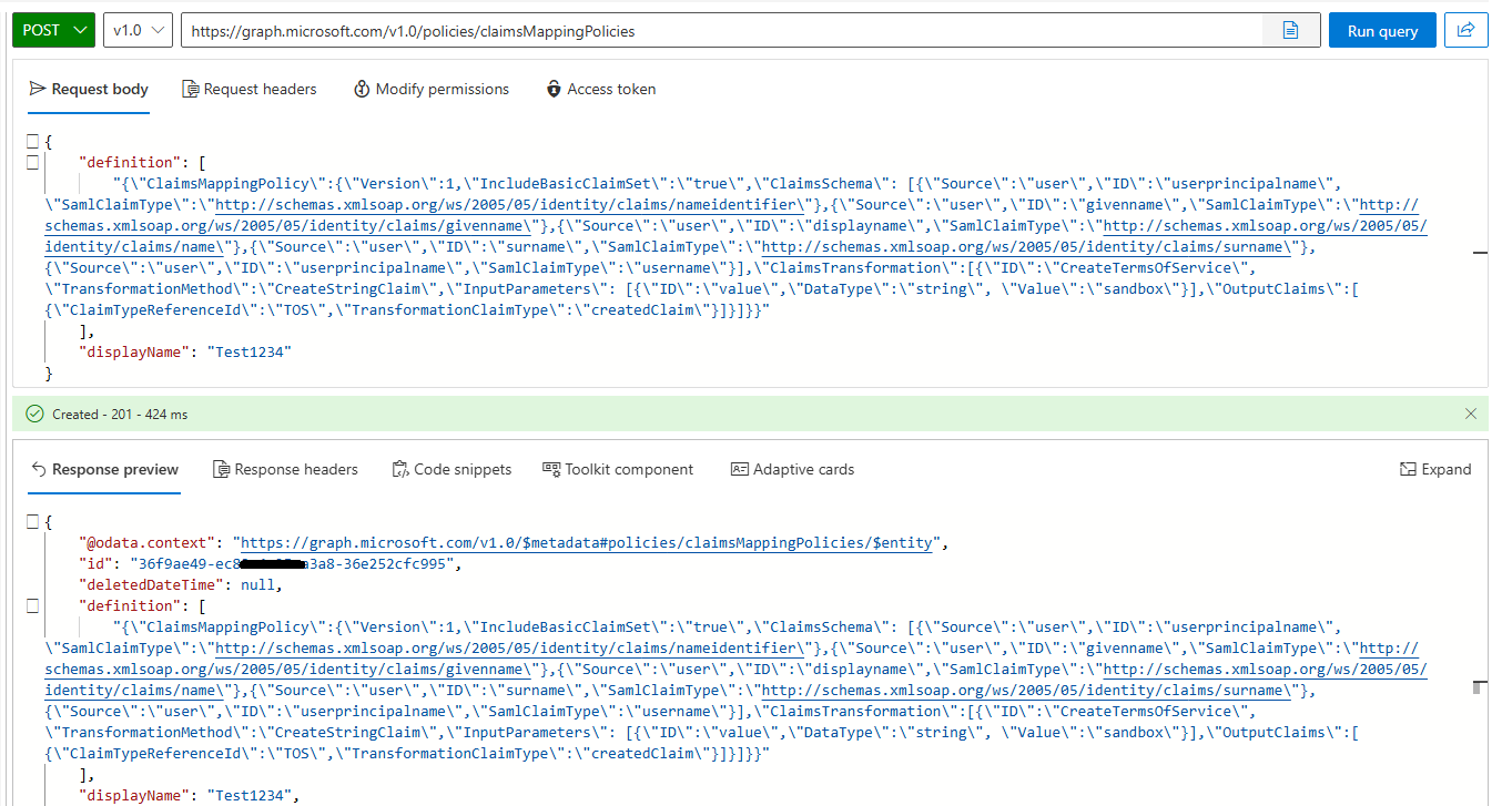 claimsMappingPolicies using graph api is not working - Microsoft Q&A