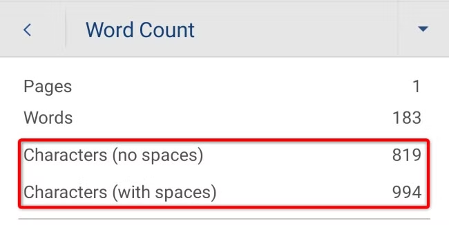 View the Word document's character count.