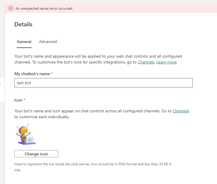 Getting error when i try to change the MS team bot's icon or name ...