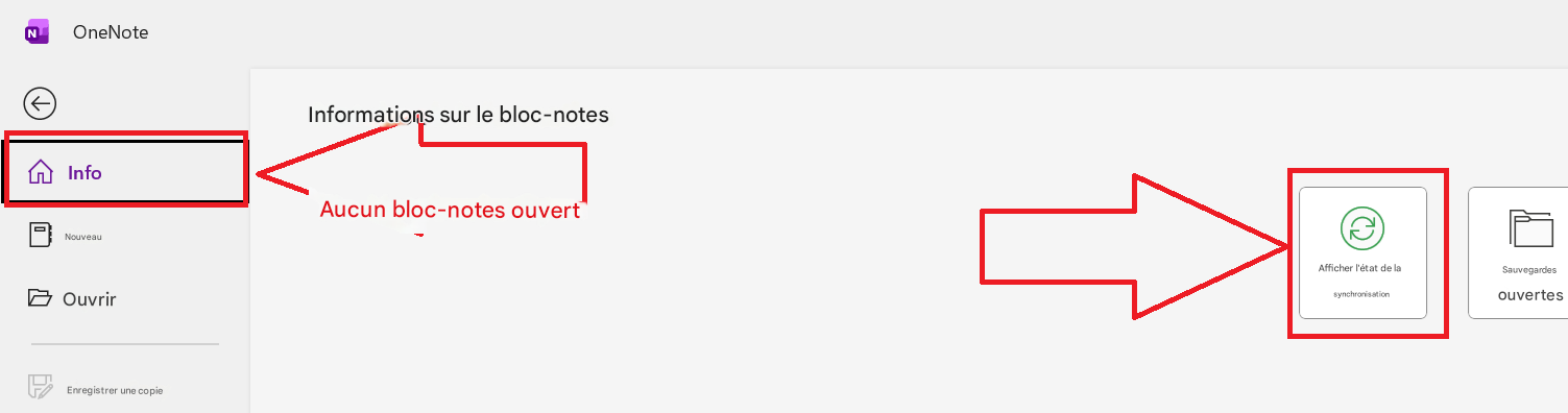 NOneNote←Informations sur le bloc-notesInfoAucun bloc-notes ouvertNouveauOuvrirAfficher l'état de la synchronisationSauvegardes ouvertesEnregistrer une copie