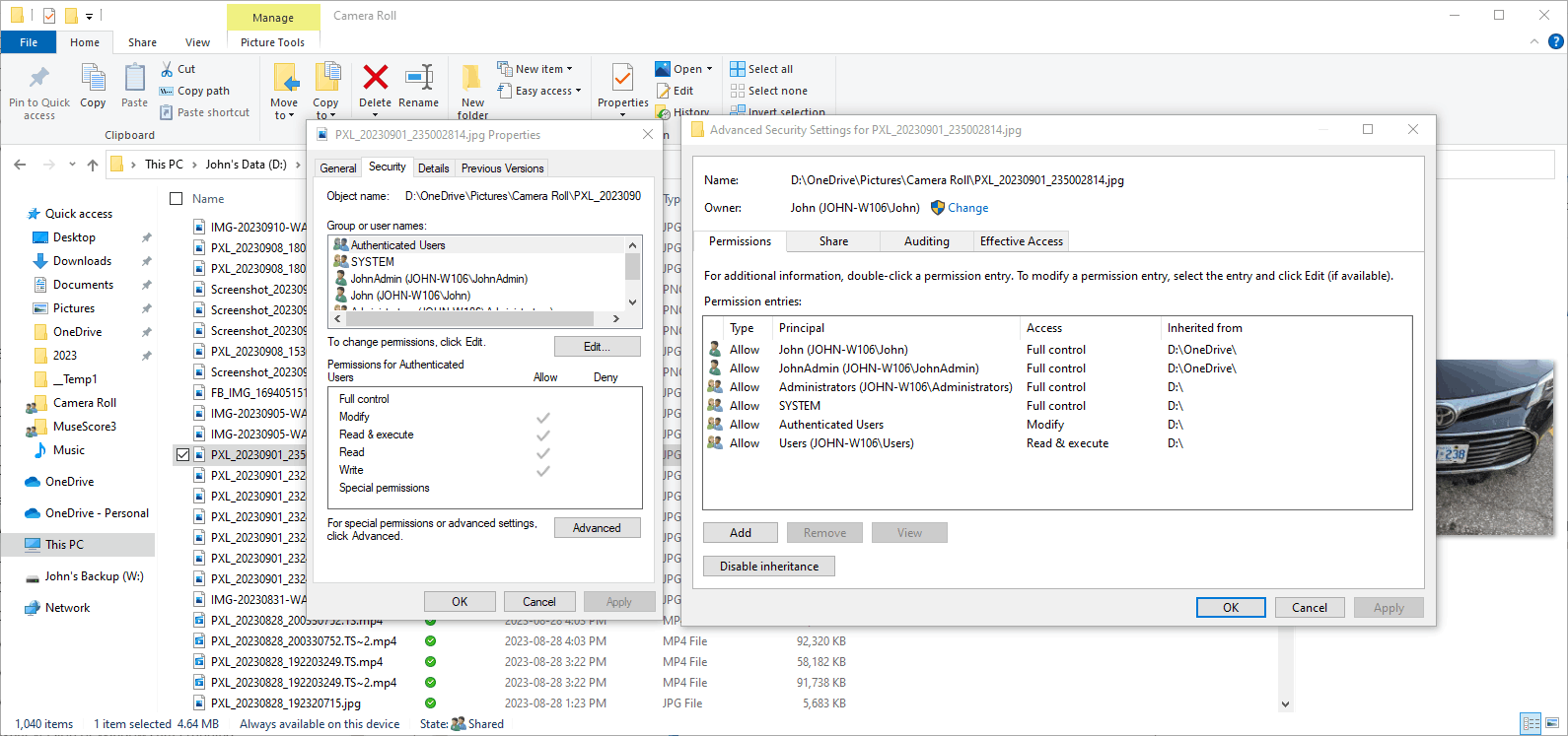 How do I control the windows files security that OneDrive puts on files ...