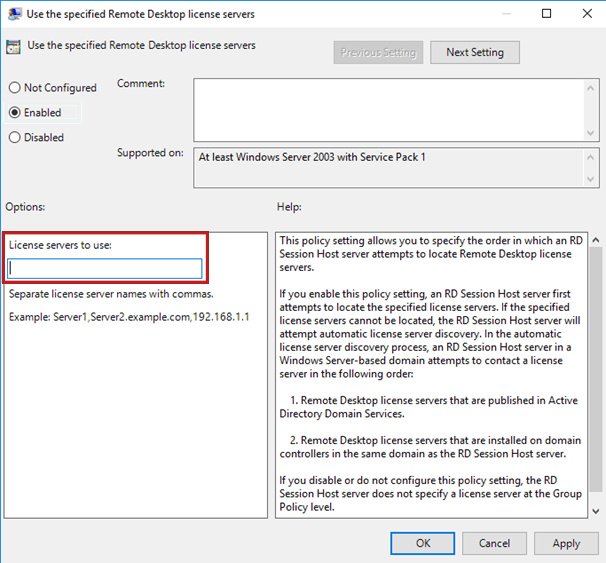 Set the license servers to use in the Use the specified Remote Desktop license servers dialog box.