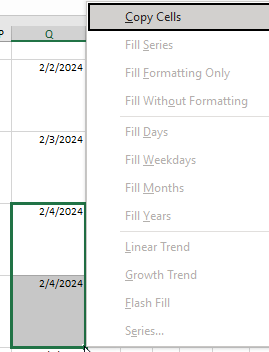 My spreadsheet does not allow me to choose Fill Series for dates ...