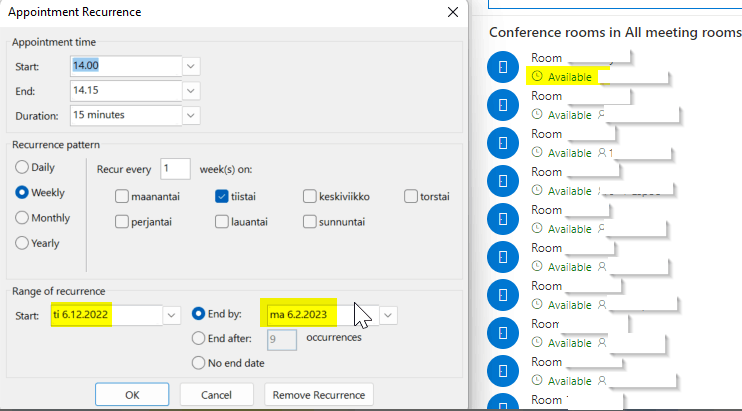 Meeting room status shows as Unknown in Room Finder if a recurrency has ...