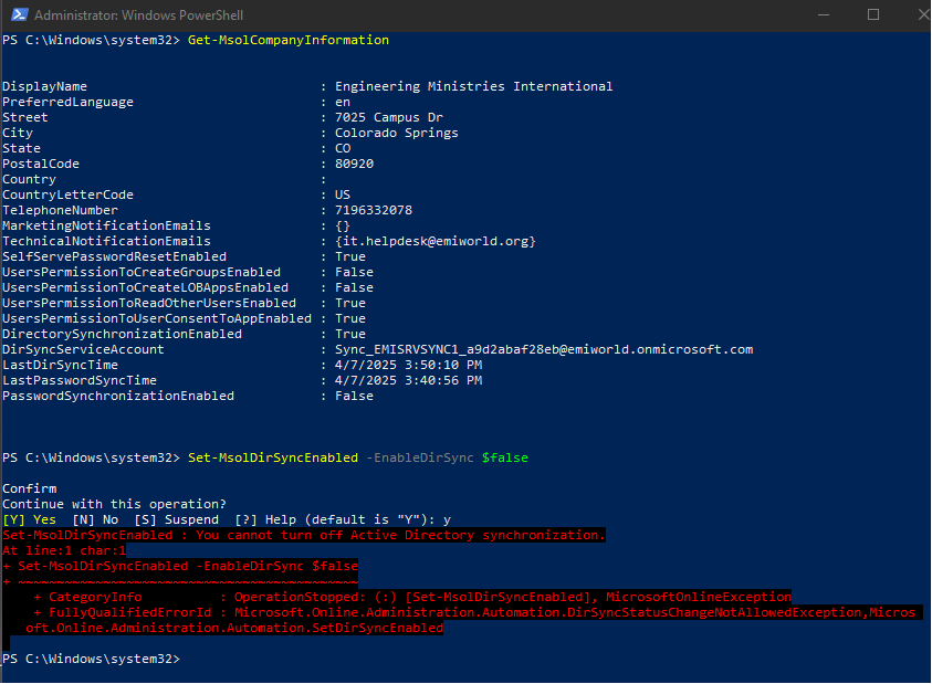 Requesting microsoft backend team to force disable dirsync enforce