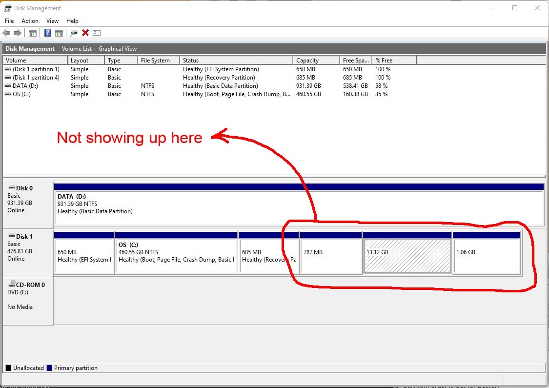 Disk Management partitions in graphic view but not list view ...