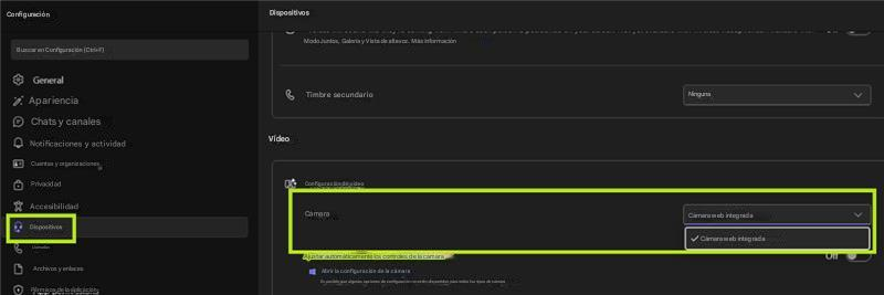 ConfiguraciónDispositivosBuscar en Configuración (Ctrl+F)Modo Juntos, Galería y Vista de altavoz. Más informaciónGeneralAparienciaTimbre secundarioChats y canalesNotificaciones y actividadCuentas y organizacionesVídeoPrivacidadAccesibilidadConfiguración de vídeoDispositivosLlamadasCámaraCámara web integradaCámara web integradaArchivos y enlacesAjustar automáticamente los controles de la cámaraPermisos de la aplicaciónAbrir la configuración de la cámaraEs posible que algunas opciones de configuración no estén disponibles para todos los tipos de cámaraNinguna
