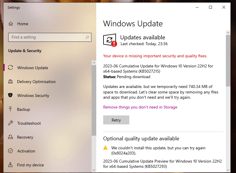 on windows update it is saying Your device is missing important ...