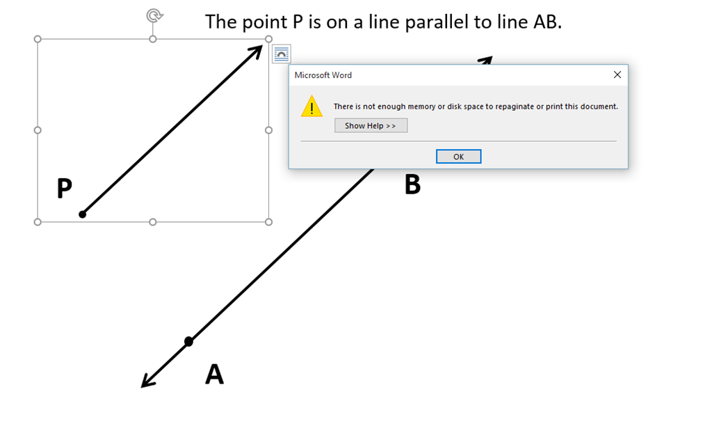 Word 2016 - Cant print if shapes grouped. There is not enough memory or ...