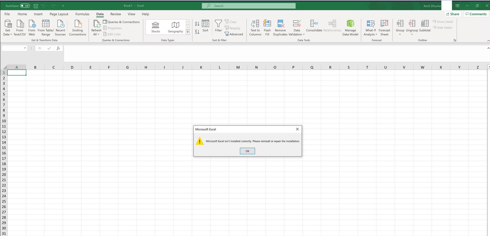 Office 365 reinstall is showing error "Microsoft Excel isn't installed ...