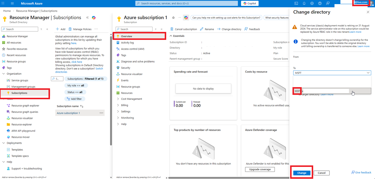 Migrating MSA attached free monthly $150 Azure subscription to Dev Env ...
