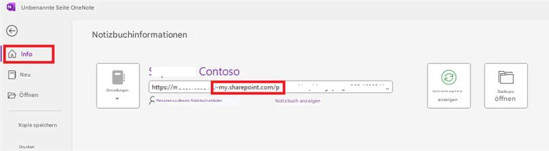 Unbenannte Seite OneNoteNotizbuchinformationenInfoNeuContosoÖffnenEinstellungenhttps://m..........my.sharepoint.com/pPersonen zu diesem Notizbuch einladenNotizbuch anzeigenSynchronisierungsstatus anzeigenBackups öffnenKopie speichernDrucken