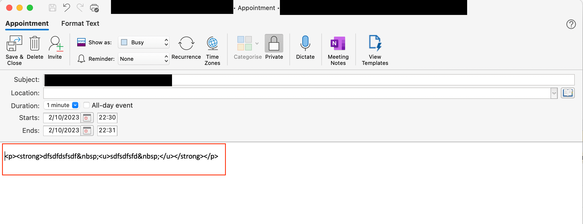 Event description in Appointment Window shown as unformatted raw text ...
