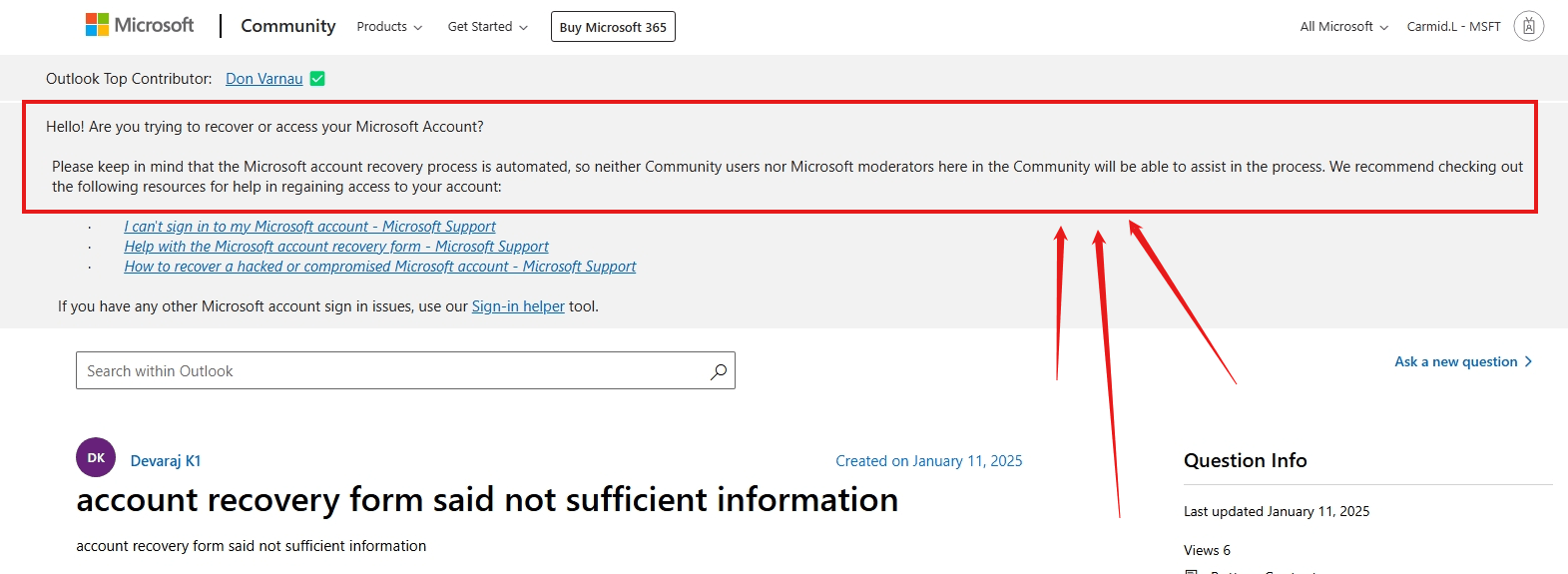 account recovery form said not sufficient information - Microsoft Q&A