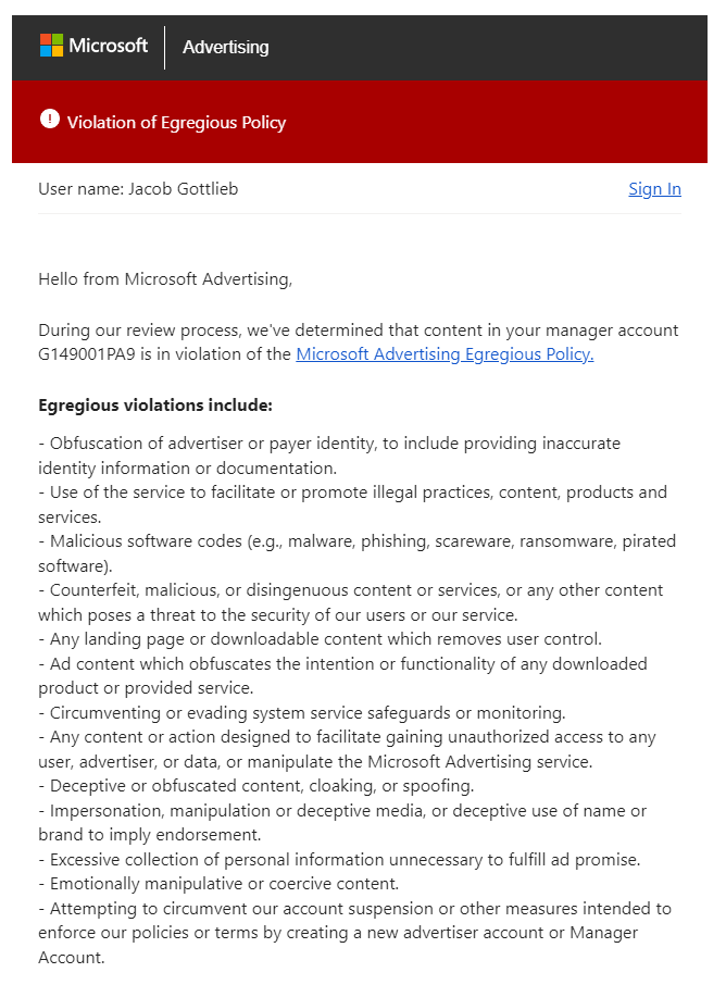 Violation of Egregious Advertising Policy - Microsoft Q&A