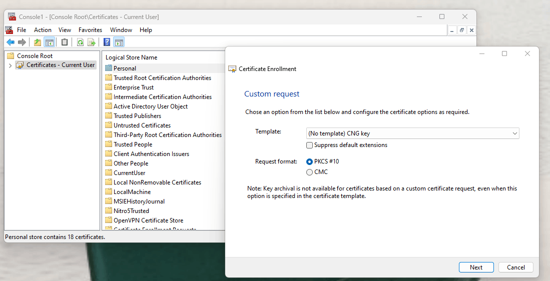 Can't create a custom CSR using mmc and certificates snap-in on Windows ...