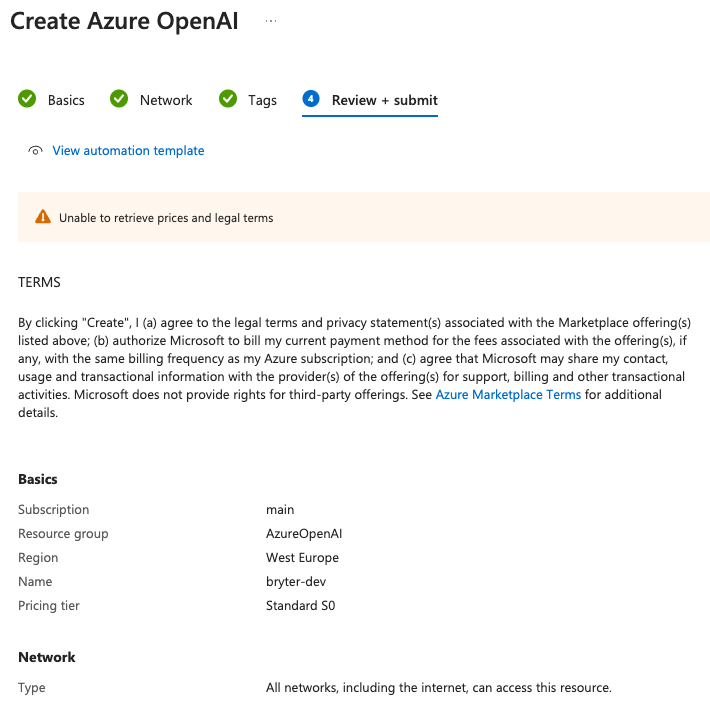 Unable to retrieve prices and legal terms when creating Azure OpenAI ...