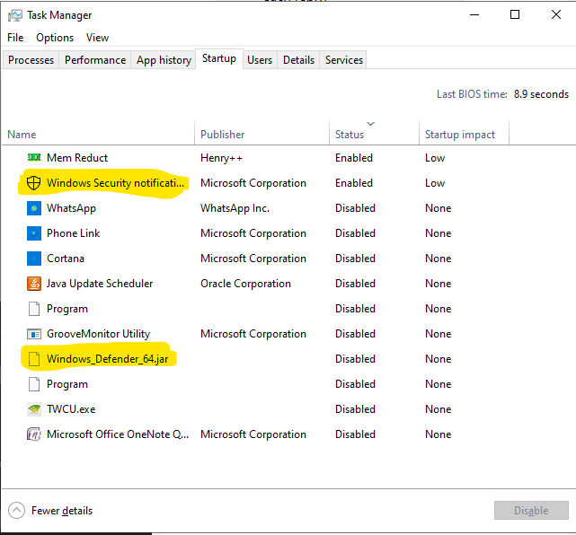 suspicious program called Windows_Defender_64.jar found in task manager ...