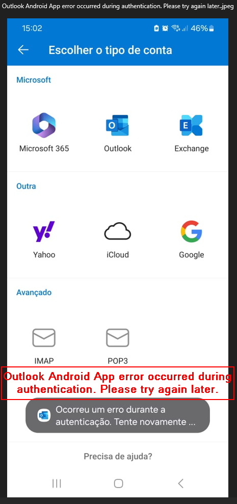 Outlook Android App error occurred during authentication Please try again later