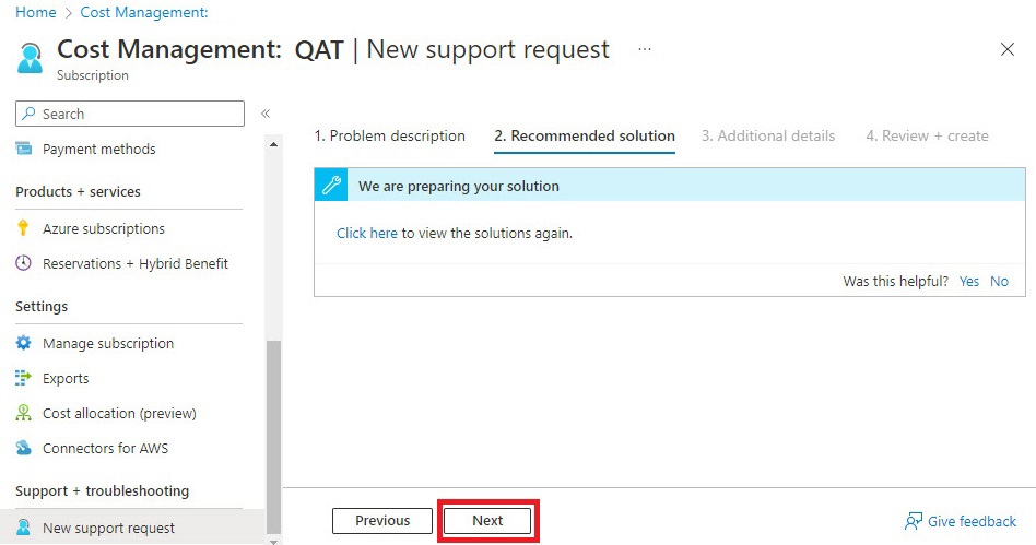 azure support request after solutions page