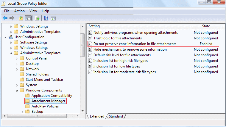 Go to Attachment Manager then click Do not preserve zone information in file attachments