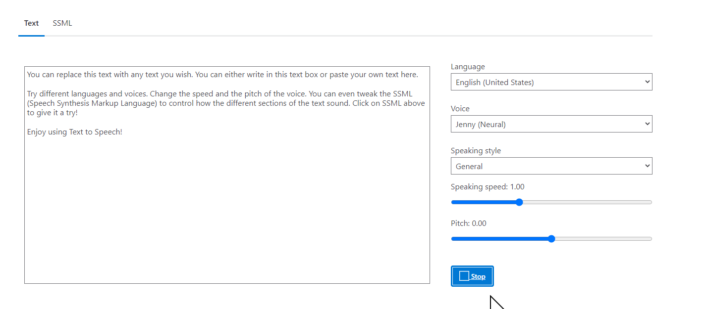 When pressing play on the Azure text to speech browser app: 