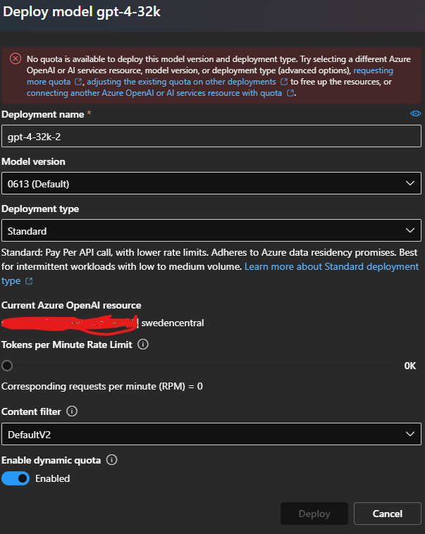 Azure OpenAI Tokens per Minute Rate Limit Set to 0 - Unable to Deploy ...