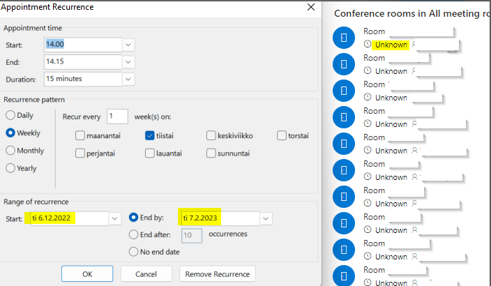 Meeting room status shows as Unknown in Room Finder if a recurrency has ...
