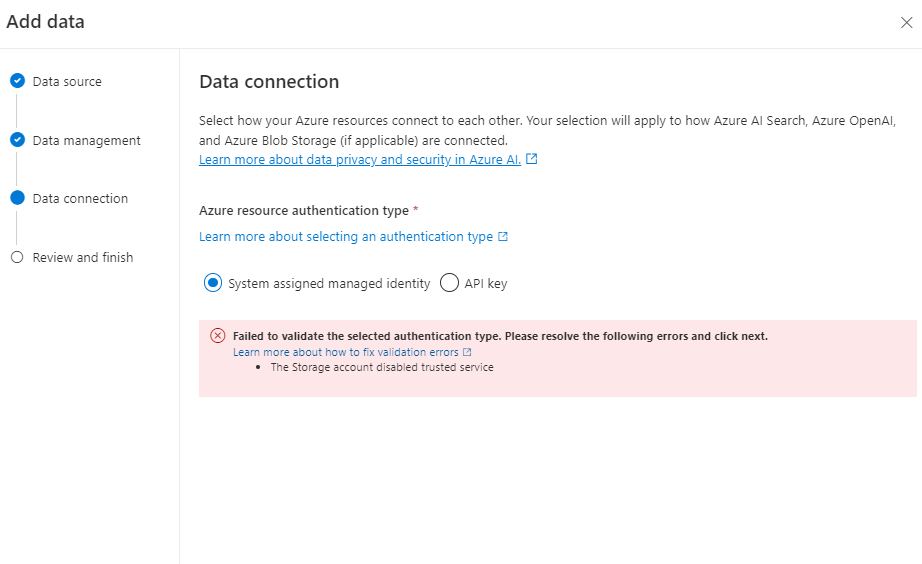 Not able to complete Data connection step in azure open ai 'add data ...