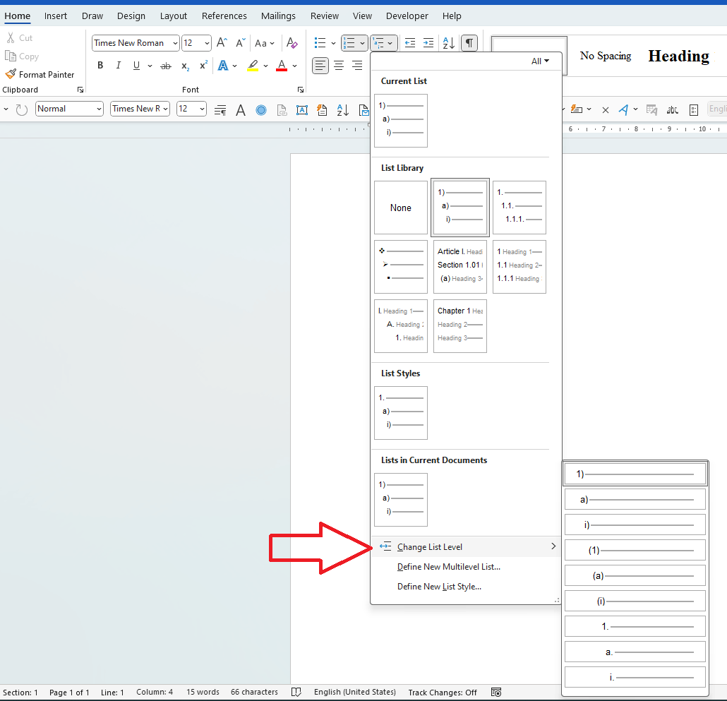 Multilevel List in Word is not demoting for the first Level 1 entry ...