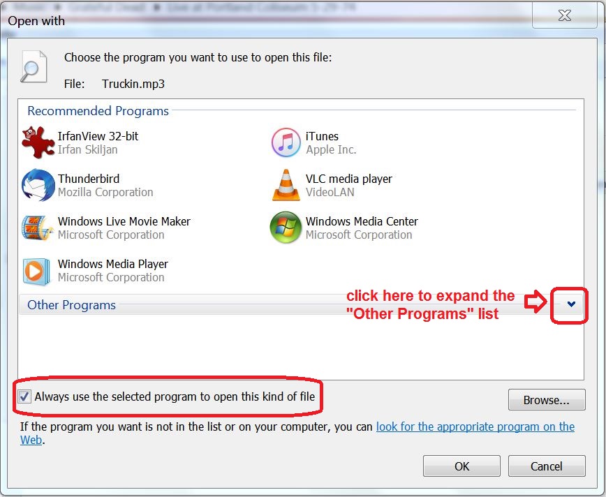 win7 won't let me choose default program to play a video file ...