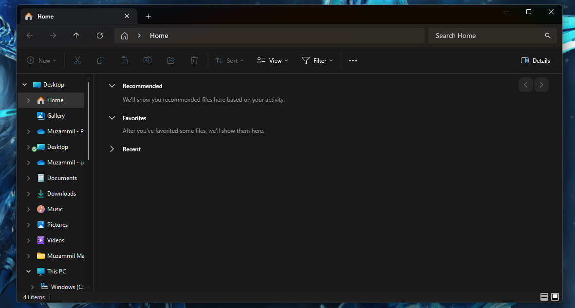 My recommended folder is empty in my home directory of windows explorer ...