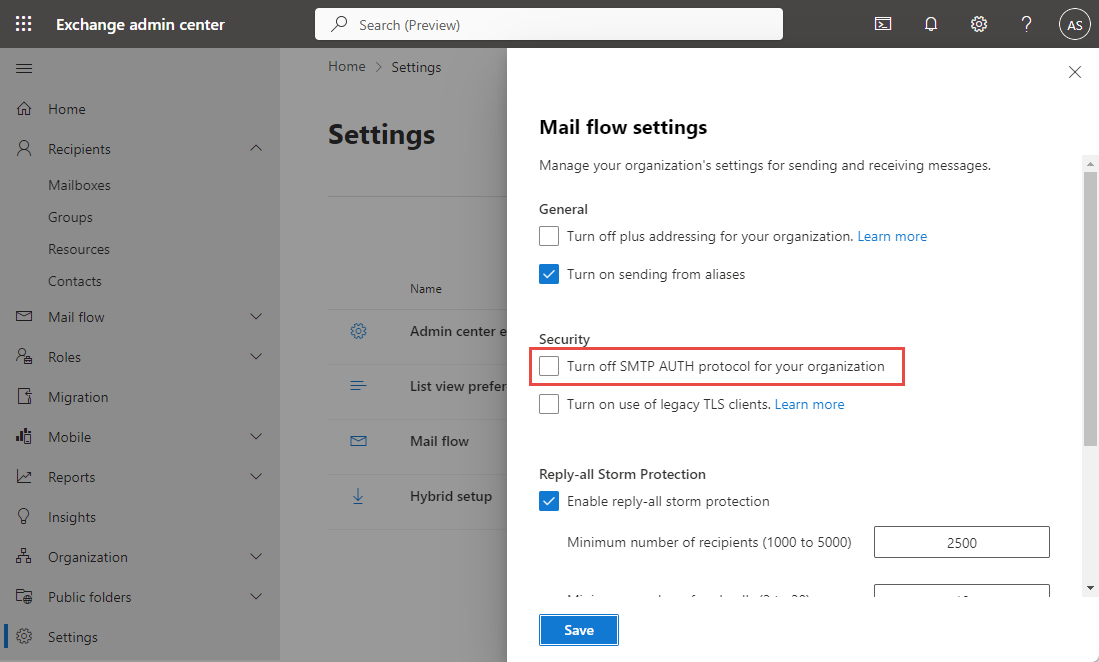 ExchangeAdminCenter_MailFlowSettings_TurnOffSMTPAuth_Unchecked