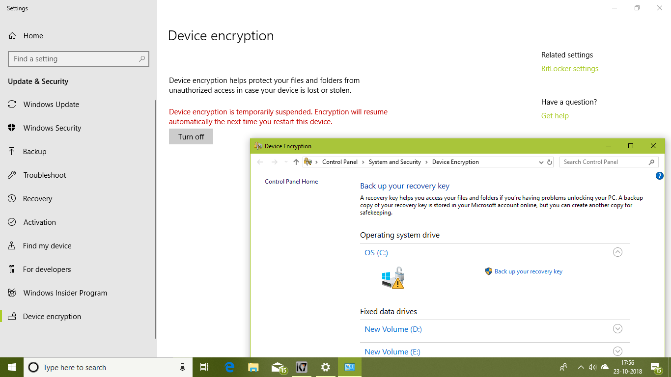 Device encryption is temporarily suspended. Encrytion will resume ...