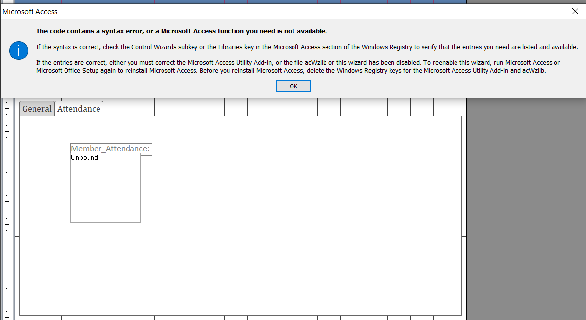The code contains a syntax error, or a Microsoft Access function you ...