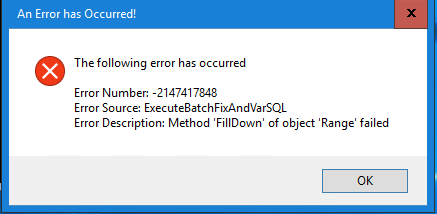 Excel VBA Method 'FillDown' of object 'Range' failed - Microsoft Q&A
