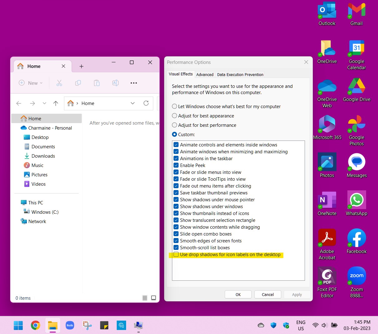 Choose or Customize a Theme-Accent Colour on File Explorer_Dropshadow on Desktop Icons