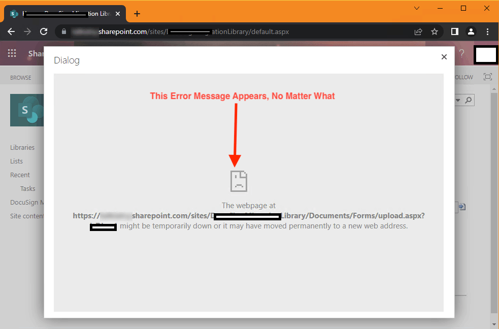 Microsoft Sharepoint Document Library Upload Portal will not load ...