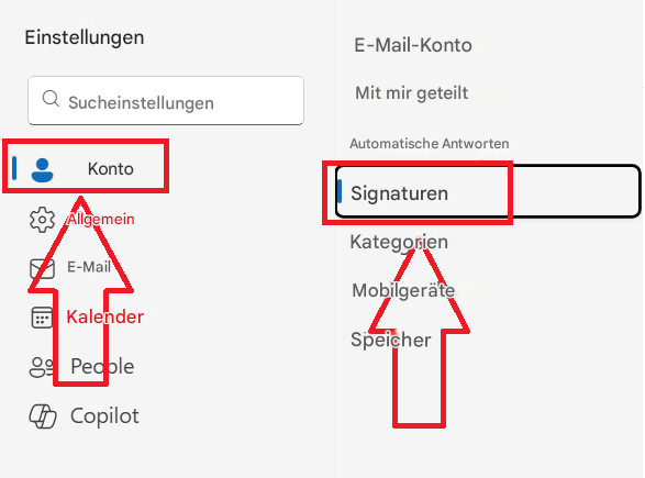 EinstellungenSucheinstellungenKontoAllgemeinE-MailKalenderPecoleCopilotE-Mail-KontoMit mir geteiltAutomatische AntwortenSignaturenKategorienMobilgeräteSpeicher
