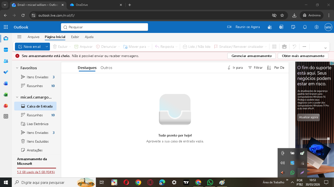LIMPEI O ARMAZENAMENTO E CONTINUA CHEIO NAO RECEBO EMAIL NAO POSSO ...