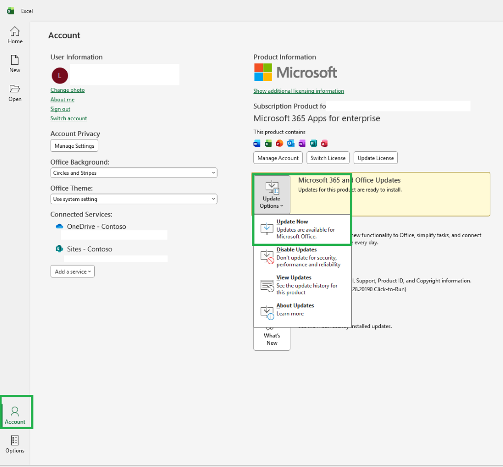 Excel账户首页 用户信息 产品信息 新 Microsoft 变更图片 显示更多授权信息 打开 关于我 登出 订阅 产品 切换账户 Microsoft 365 企业版应用 账户隐私 本产品包含 管理设置 X Office 背景：管理账户 切换许可 更新 许可圈和条纹 Microsoft 365 Office 更新 Office 主题：本产品的更新已准备好安装。使用系统设置 更新选项 vs 连接服务：OneDrive - Contoso 立即更新 Microsoft Office 可用更新。HEW 功能支持 Office，简化任务，并连接站点 - 每天 Contoso。禁用更新 不为安全、性能和可靠性更新 添加服务 v 查看更新历史 HI、支持、产品ID和版权信息。本产品 28.20190 点击运行 关于更新 了解更多 已安装更新。新增账户选项