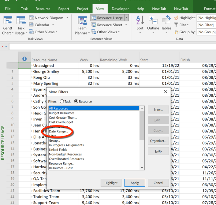 MS Project Resource Report Using Defined Timespan - Microsoft Q&A