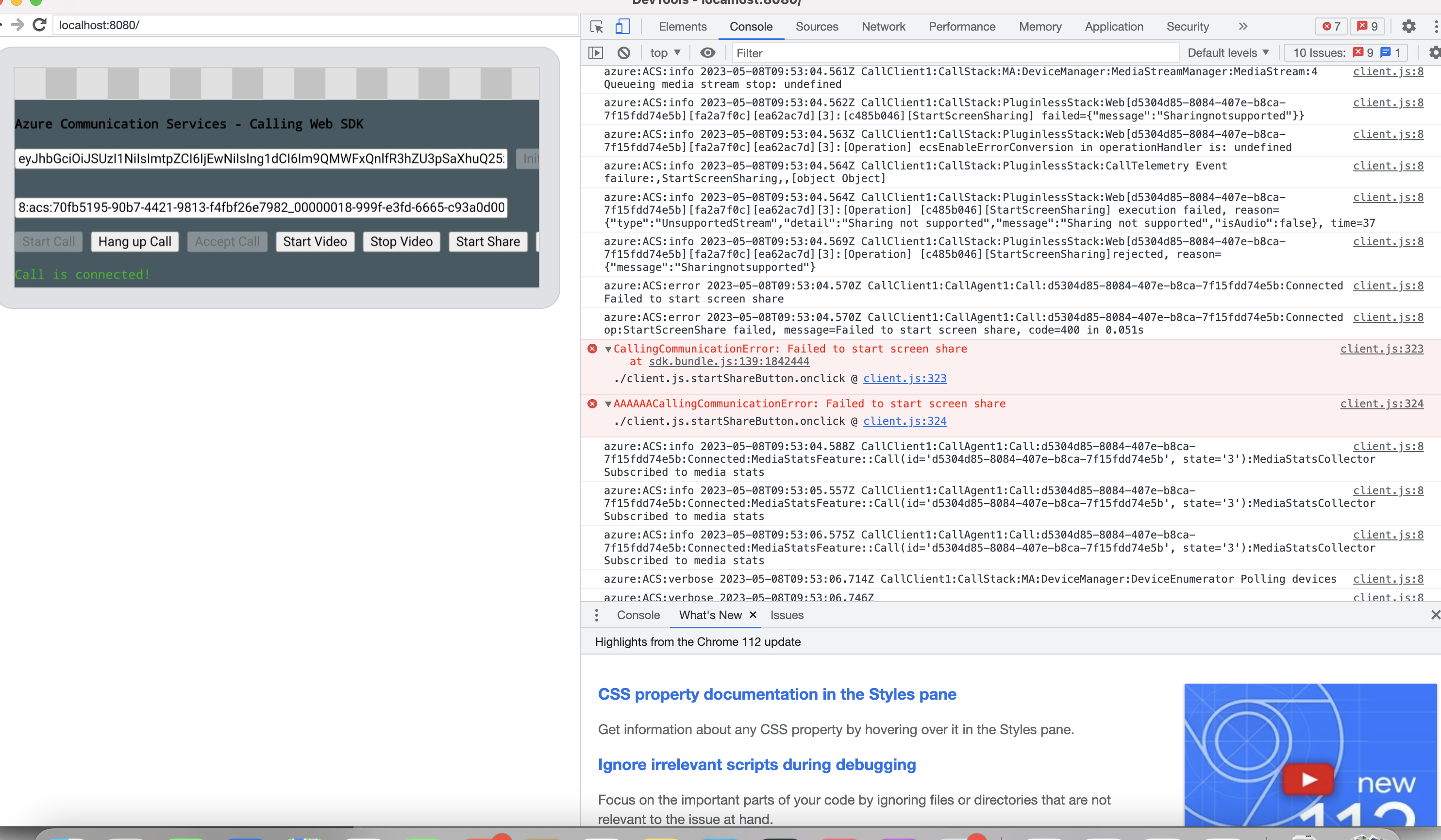 Error trying to share screen using azure communication services SDK ...