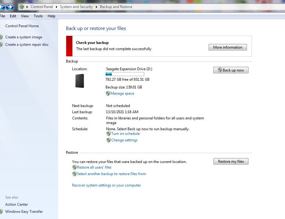 I CANNOT CREATE A SYSTEM IMAGE OR FULL BACK UP ONTO EXTERNAL HARD DRIVE ...