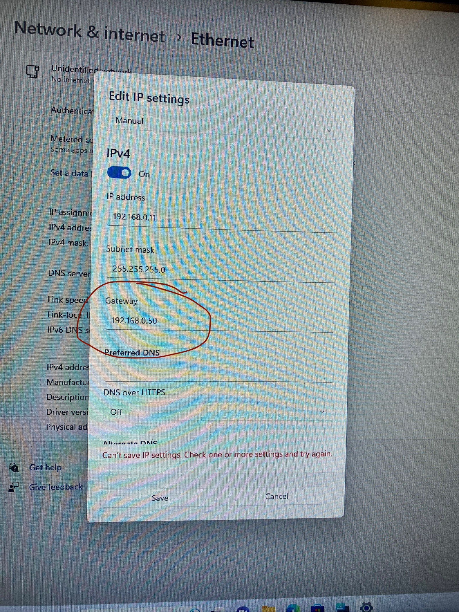 Windows 11 not allowing me to enter and save gateway/router IP