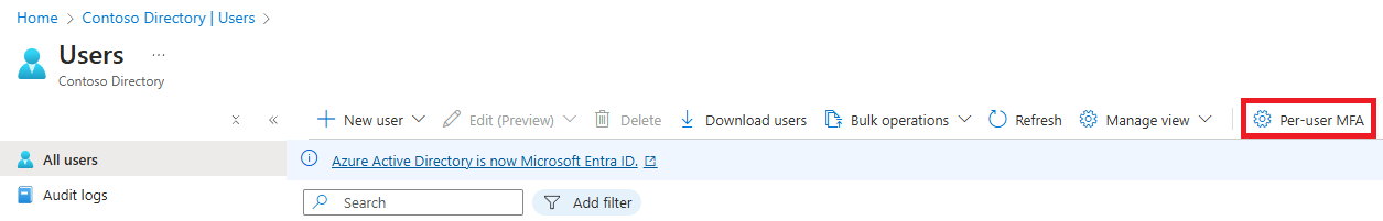 Entra ID Users blade Per-user MFA button