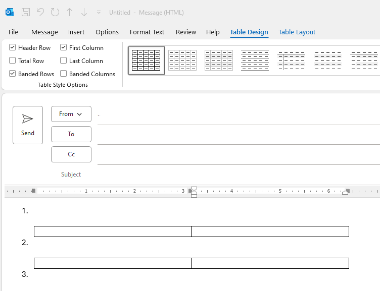 How to insert a table as a single item of a numbered list in Outlook ...