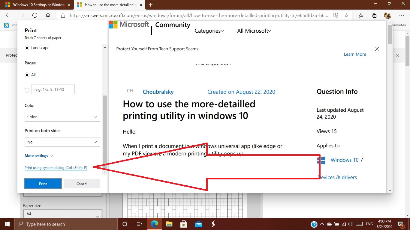 How to use the more-detailled printing utility in windows 10 ...