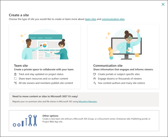 The Create a site panel.